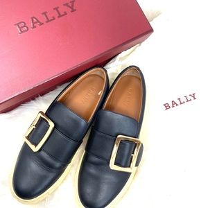 BALLY Gold Buckle detail black leather Slip on sneakers